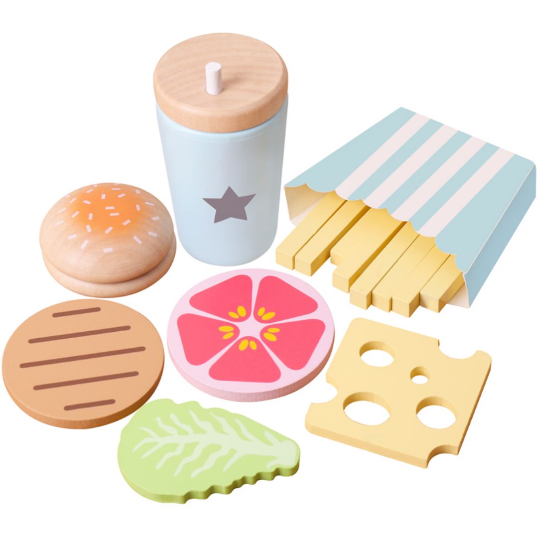 Set de Hamburguesa Gourmet y Comida Rápida de Madera